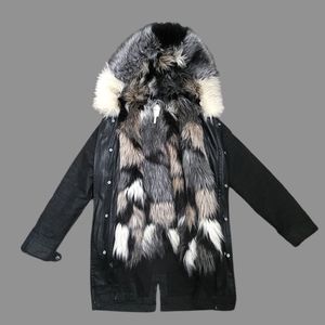 Avec Les Filles Convertible Fur Charcoal Denim Parka Coat